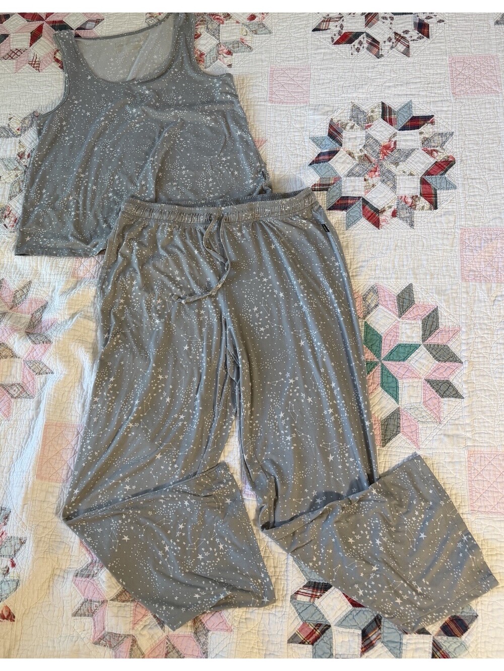 Eddie Bauer Grey Constellation Stars Pajama Set Tank & Pants Buttery Soft XL EUC